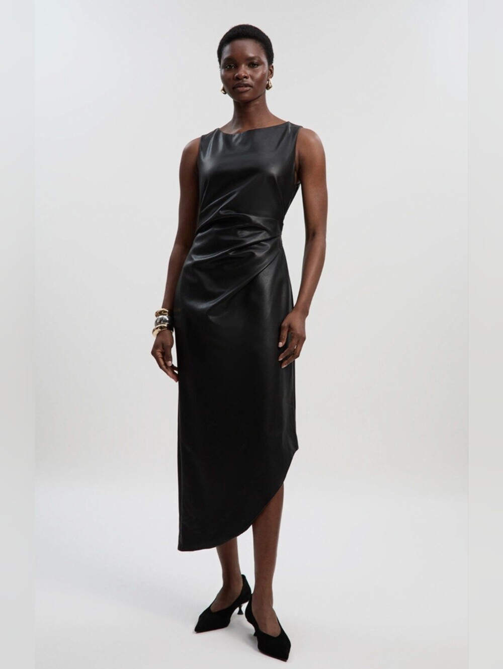 KAREN MILLEN  Faux Leather Ruched Asymmetric Pencil  Dress SIZE 6 US